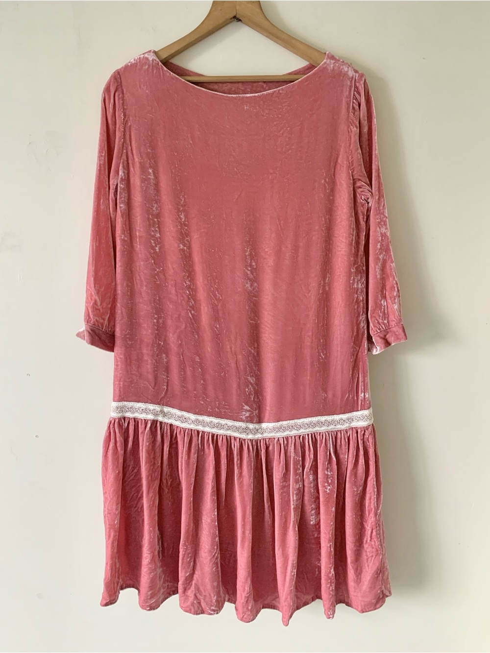 Handmade Dusty Rose Velvet Drop-Waist Dress with Lace Trim